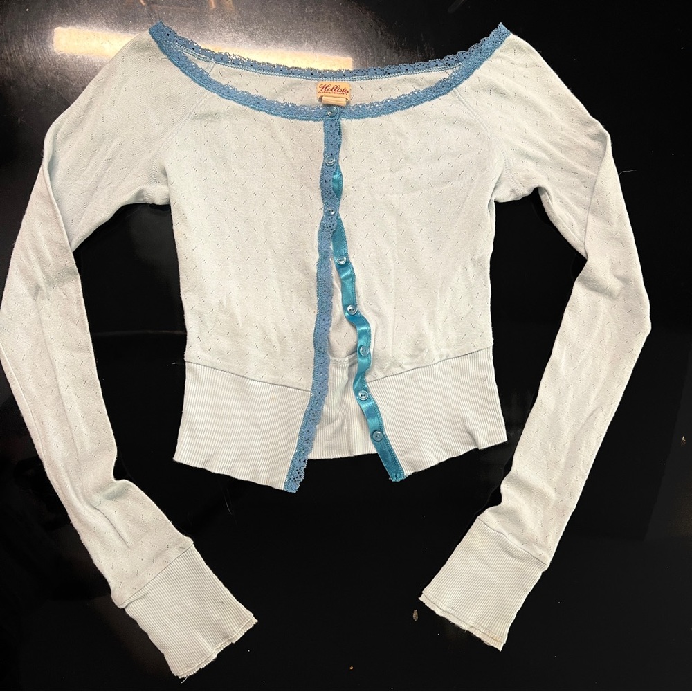 Rare Vintage y2k Hollister Blue Lace-Trim Cardigan top size small